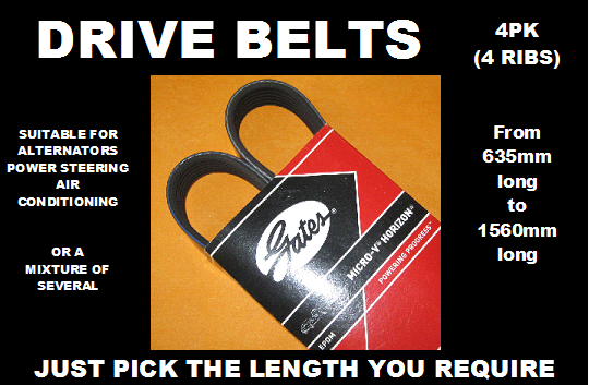 GATES 4PK, 4 RIB DRIVE BELTS, ALTERNATOR BELTS (Choose Length 635mm to 1560mm)