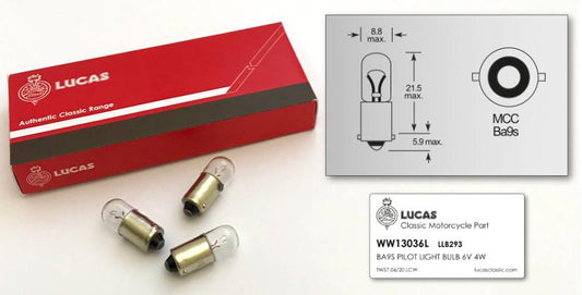 BA9S Lucas Pilot Light Bulb 6V LLB293T (10 Pack)