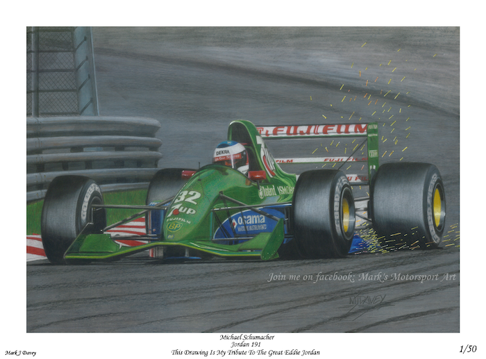Michael Schumacher powering the Jordan-Hart through Eau Rouge - Limited Edition Giclee Print