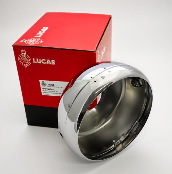 Lucas 7" Headlamp Headlight Shell and Rim Chrome (Flatback) 54524099P - Vroom Classics