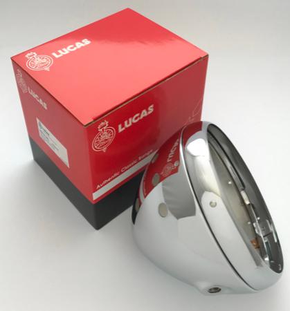 Lucas 7" Motorcycle Headlamp Headlight Shell and Rim Chrome 54526651, 99 - 7039 - Vroom Classics