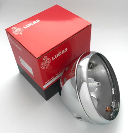 Lucas 7" Motorcycle Headlamp Headlight shell and Rim Chrome 54526651T, 99 - 7039 - Vroom Classics