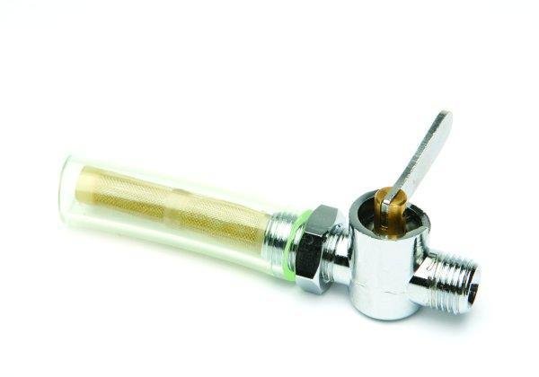 Petrol Tap Universal Chrome flat lever with filter and locknut 1/4" x 1/4" - Vroom Classics