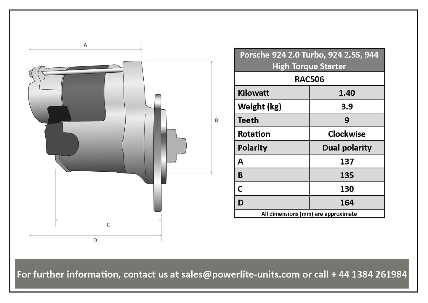 RAC506 Powerlite High Torque Starter Motor For Porsche 924 2.0 Turbo, 924 2.5S, - Vroom Classics