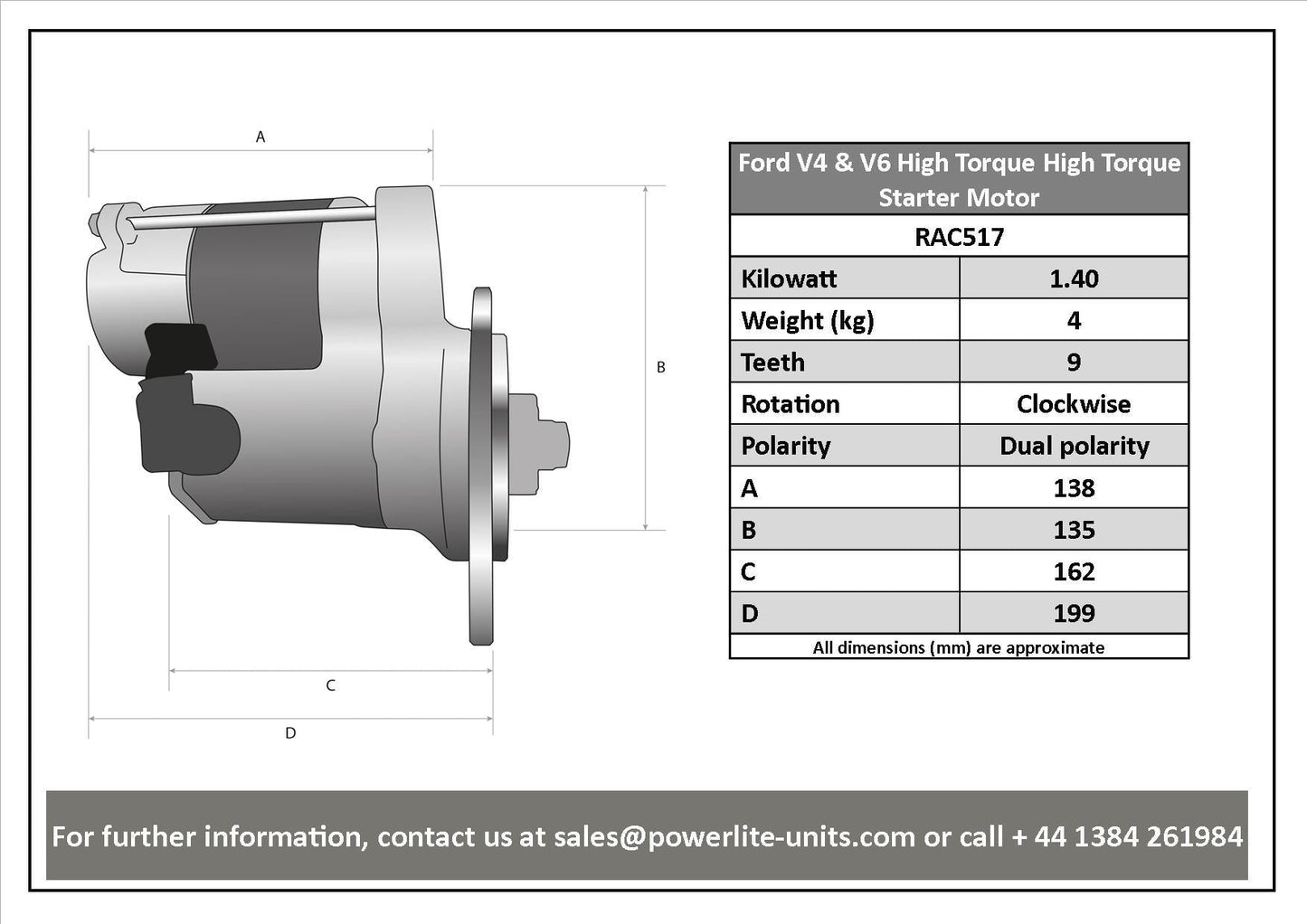 RAC517 Powerlite High Torque Starter Motor For Ford V4 & V6, Taunus and Cologne - Vroom Classics