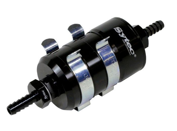 SYTEC Bullet Fuel Filter 8mm - 8mm (Black) with mounting clips (BULLETA1 - BK - M) - Vroom Classics