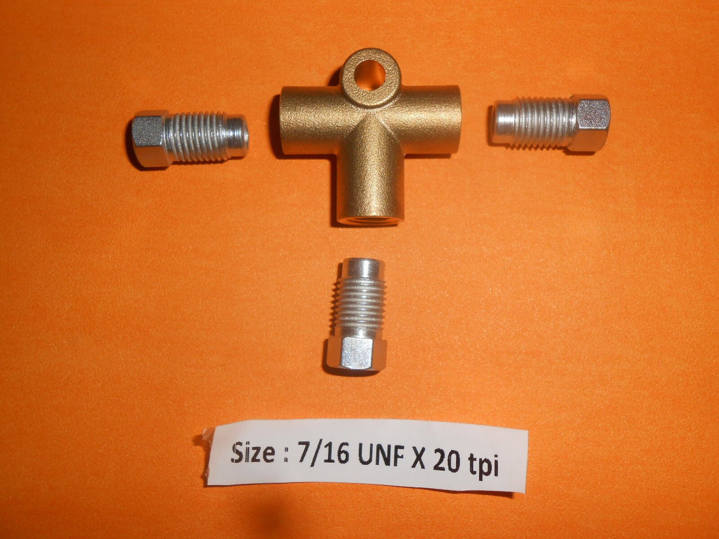 3 Way Brake Pipe 7/16" UNF Brass T Piece +3 Imperial Brake Unions for 1/4" Pipe - Vroom Classics