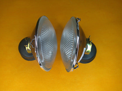 5 3/4" PAIR HEAD LIGHT UNITS HALOGEN H4 No Pilot Domed Glass - RHD + Lucas bulbs - Vroom Classics