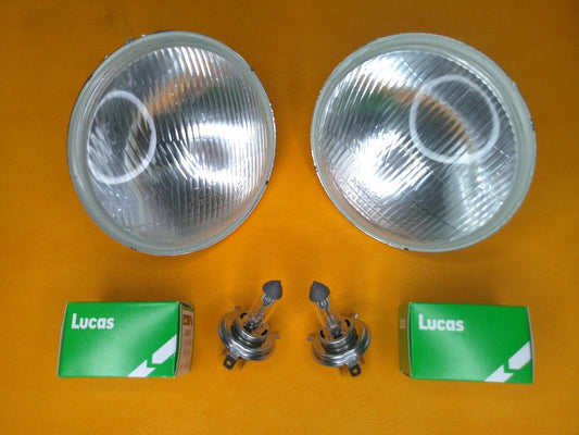 5 3/4" PAIR HEAD LIGHT UNITS HALOGEN H4 No Pilot Domed Glass - RHD + Lucas bulbs - Vroom Classics