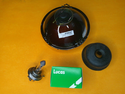 5 3/4" HEADLIGHT UNIT HALOGEN H4 No Pilot Domed Glass - RHD + Lucas Bulb