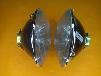 7" PAIR HEAD LIGHT UNITS HALOGEN H4 No Pilot Domed Glass - RHD + Lucas buibs