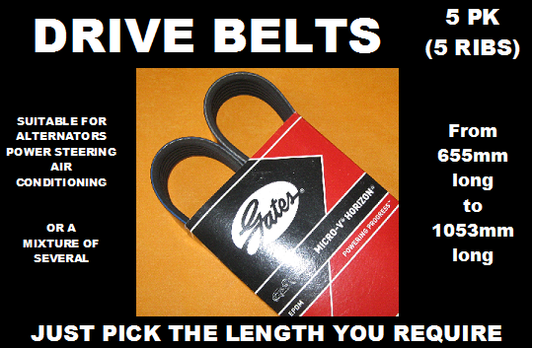 GATES 5PK, 5 RIB DRIVE BELTS, ALTERNATOR BELTS (Choose Length 580mm to 1303mm)