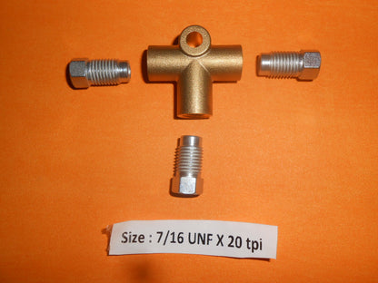 7/16" UNF Female Brass T Piece Imperial Brake Union for 1/4" Pipe