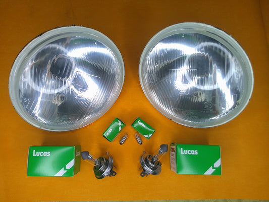 7" HEADLIGHT UNITS PAIR with Pilot HALOGEN H4 Domed Glass - RHD + Lucas Bulbs