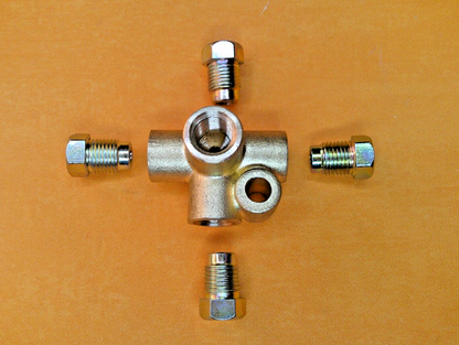 M10 x 1.0 Brass 4 Way Brake Pipe connector +4 Brake Unions for 3/16" Pipe