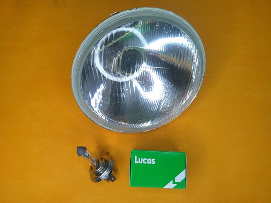 7" HEAD LIGHT UNIT HALOGEN H4 No Pilot Domed Glass - RHD + Lucas bulb