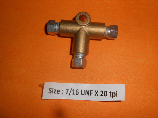 7/16" UNF Female Brass T Piece Imperial Brake Union for 1/4" Pipe
