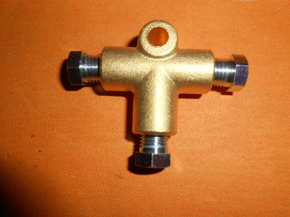 10mm Female Brass T Piece + 3 Metric Brake Unions for 3/16" Pipe