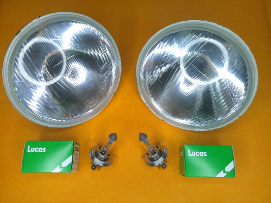 7" PAIR HEAD LIGHT UNITS HALOGEN H4 No Pilot Domed Glass - RHD + Lucas buibs