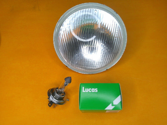 5 3/4" HEAD LIGHT UNIT HALOGEN H4 No Pilot Domed Glass - RHD + Lucas Bulb