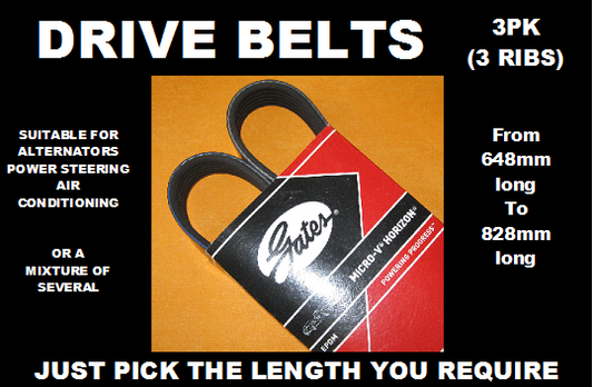 GATES 3PK, 3 RIB DRIVE BELTS, ALTERNATOR BELTS (Choose Length 628mm to 913mm)
