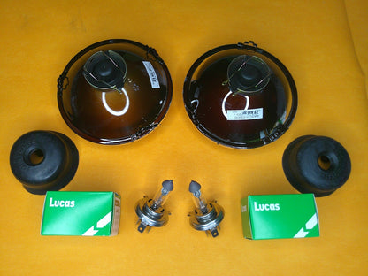 5 3/4" PAIR HEADLIGHT UNITS HALOGEN H4 No Pilot Domed Glass - RHD + Lucas bulbs