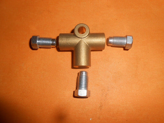 3 Way Brake Pipe 3/8 UNF Brass T Piece + 3 Imperial Brake Unions for 3/16" Pipe