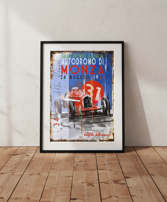 Alfa Romeo P3 1934 Italian GP Weathered Promotional Poster