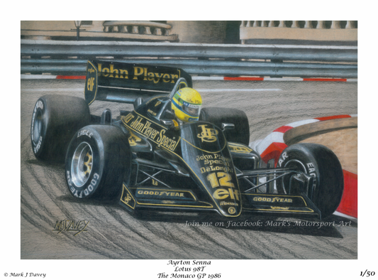 Ayrton Senna in the 1986 Lotus 98T at the 1986 Monaco GP 1986 - Limited Edtition Giclee Print