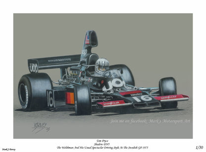 Tom Pryce powersliding the Shadow DN5 at the 1975 Swedish GP - Limited Edition Giclee Print