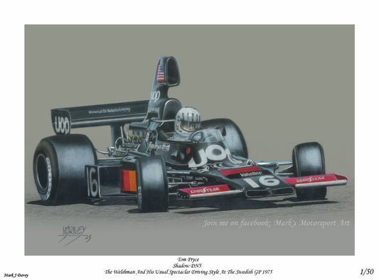 Tom Pryce powersliding the Shadow DN5 at the 1975 Swedish GP - Limited Edition Giclee Print