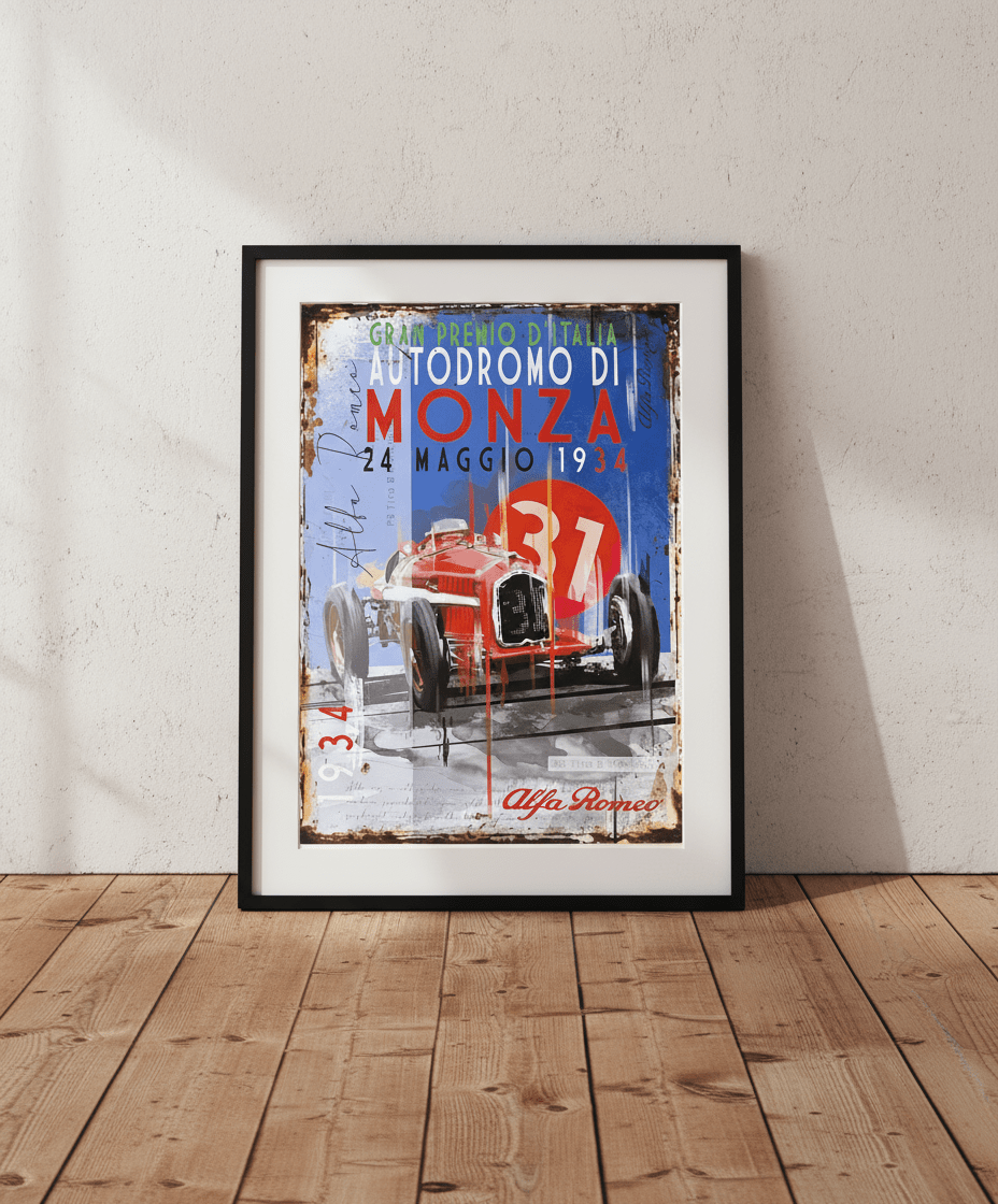 Alfa Romeo P3 1934 Italian GP Weathered Promotional Poster - Vroom Classics