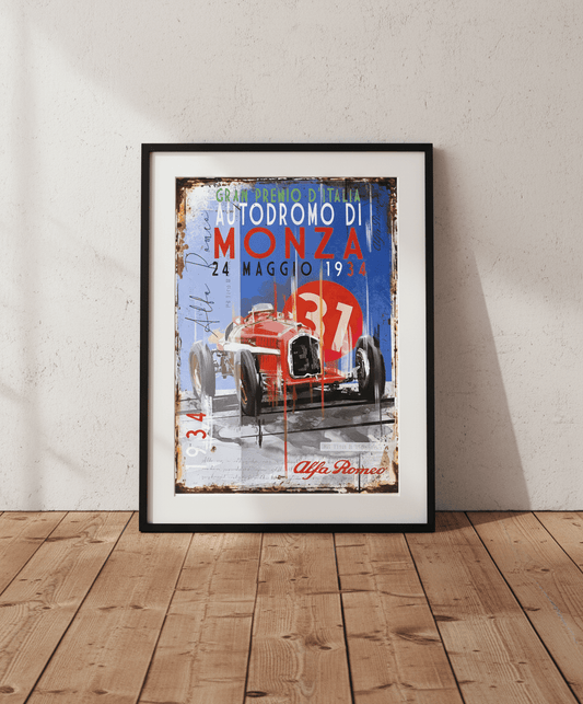 Alfa Romeo P3 1934 Italian GP Weathered Promotional Poster - Vroom Classics