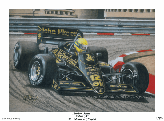 Ayrton Senna in the 1986 Lotus 98T at the 1986 Monaco GP 1986 - Limited Edtition Giclee Print - Vroom Classics
