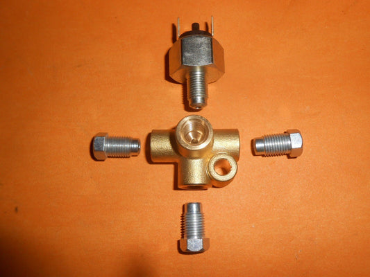 BRAKE LIGHT SWITCH with 3/8" UNF Brass 4 Way Union plus pipe Fittings - Vroom Classics