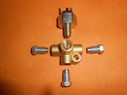 BRAKE LIGHT SWITCH with 3/8" UNF Brass 4 Way Union plus pipe Fittings - Vroom Classics