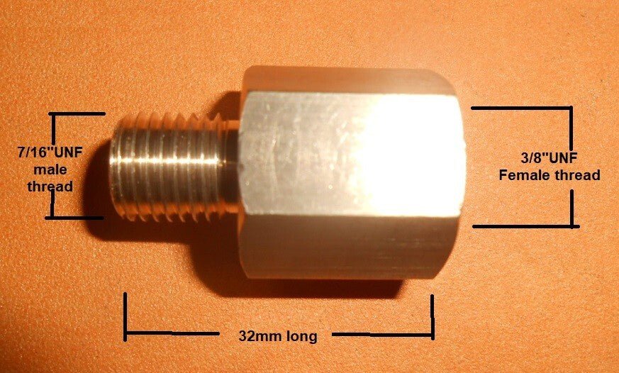 Brass Hydraulic brake or clutch pipe adapter 7/16" UNF male to 3/8" UNF female - Vroom Classics