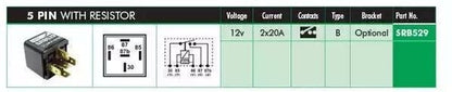 ELECTRIC FUEL PUMP RELAY 5 PIN with resister 2x 20A 12v - Genuine Lucas SRB529 - Vroom Classics