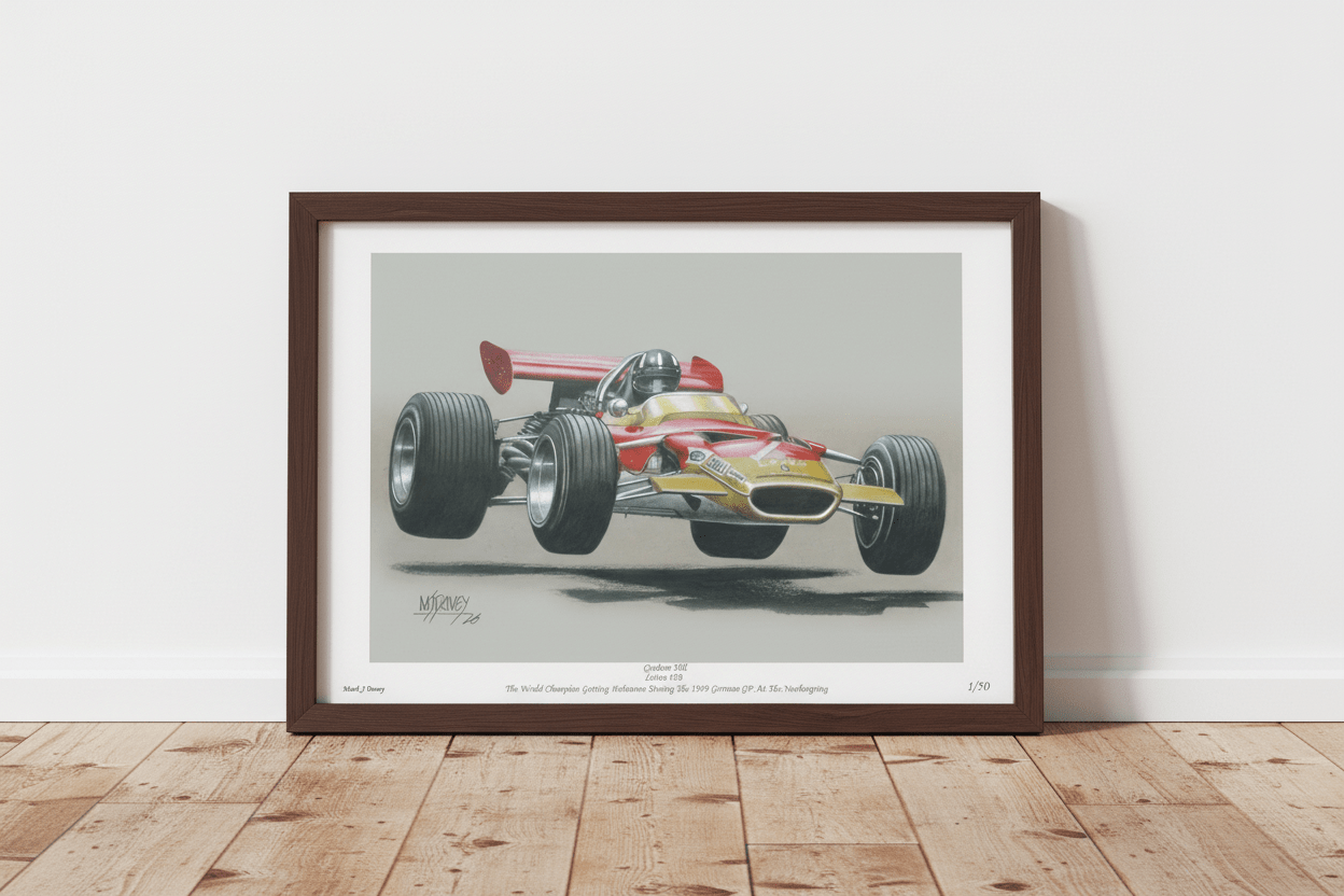 Graham Hill Airborne in a Lotus - Limited Edition Giclee Print - Vroom Classics