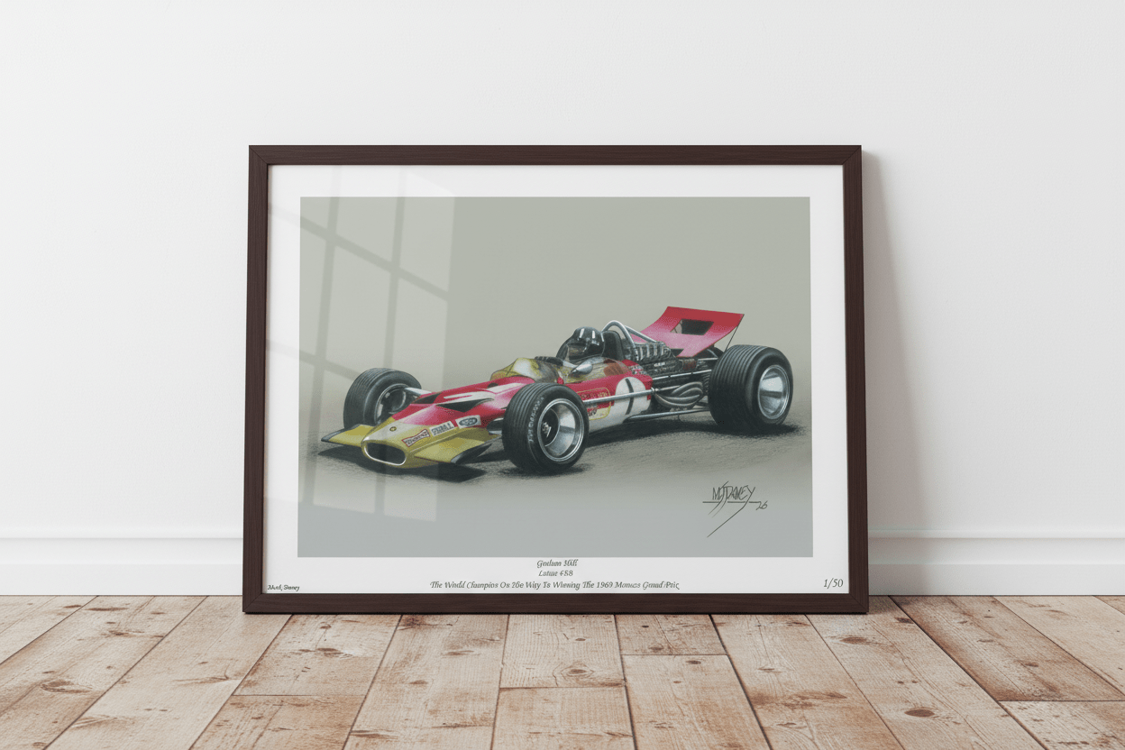Graham Hill and the Gold Leaf Lotus 49B - Limited Edition Giclee Print - Vroom Classics