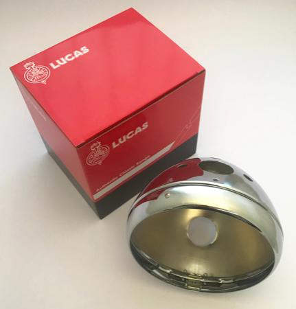 Lucas 7" Headlamp Headlight Shell and Rim Chrome 54523508 - Vroom Classics