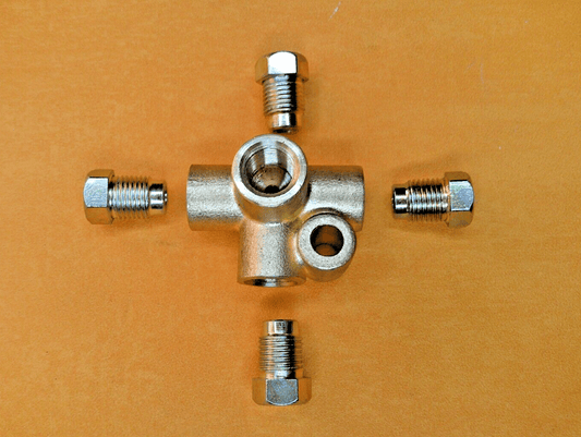 M10 x 1.0 Brass 4 Way Brake Pipe connector +4 Brake Unions for 3/16" Pipe - Vroom Classics