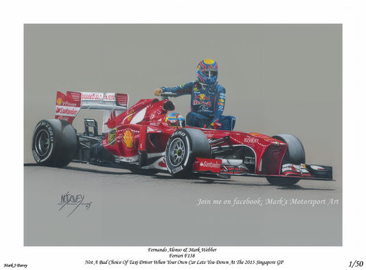 Mark Webber Hitches a Lift with Alonso - Limited Edition Giclee Print - Vroom Classics