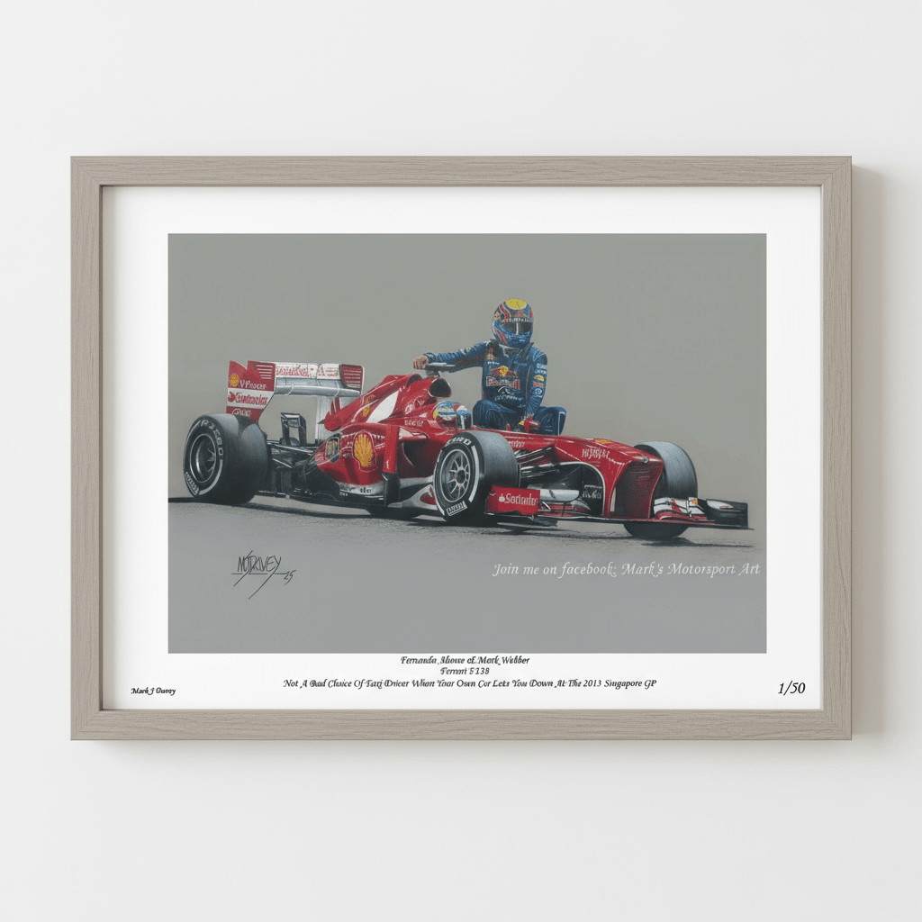 Mark Webber Hitches a Lift with Alonso - Limited Edition Giclee Print - Vroom Classics