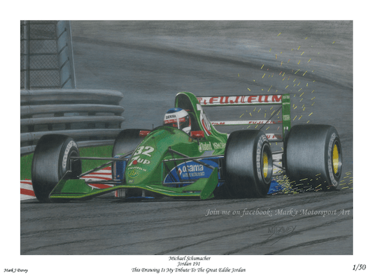 Michael Schumacher powering the Jordan - Hart through Eau Rouge - Limited Edition Giclee Print - Vroom Classics