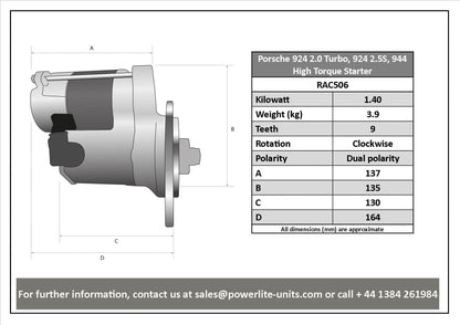 RAC506 Powerlite High Torque Starter Motor For Porsche 924 2.0 Turbo, 924 2.5S, - Vroom Classics