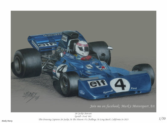 Sir Jackie Stewart Demonstrating his Championship - Winning Tyrrell 003 Ford - Limited Edition Giclee Print - Vroom Classics