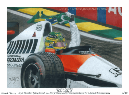Sir Lewis Hamilton Driving Ayrton Senna's McLaren MP4/5B - Limited Edition Giclee Print - Vroom Classics