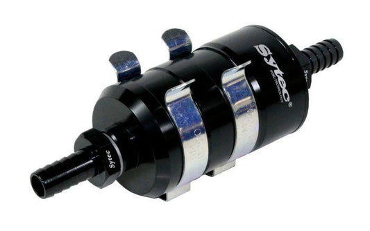 SYTEC Bullet Fuel Filter 12mm in-out (Black) with mounting clips (BULLETA6-BK-M) - Vroom Classics