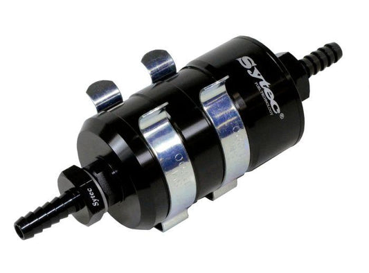 SYTEC Bullet Fuel Filter 8mm - 8mm (Black) with mounting clips (BULLETA1-BK-M) - Vroom Classics